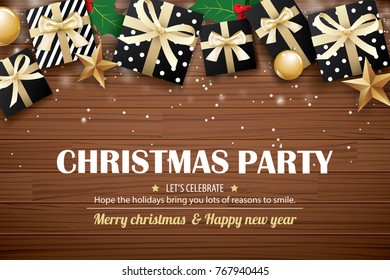 Christmas party poster background design template. Typography and gift box on brown wooden.