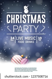 Christmas Party poster. Christmas background with christmas toys. Party flyer, brochure template. Banner design. Vector illustration.