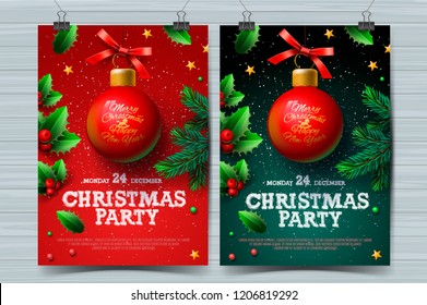 Christmas party poster with ball and Christmas decoration, vector illustration.