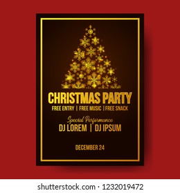 Christmas party poster banner template with triangle of golden snowflake. vector illustration