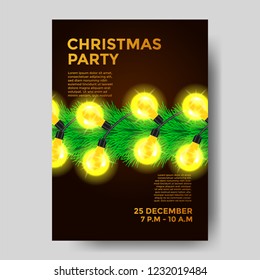 Christmas party poster banner template with luminous lamp and garland decoration. vector illustration