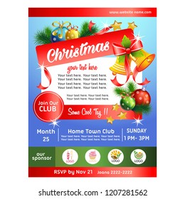 christmas party poster with bell and ball decoration