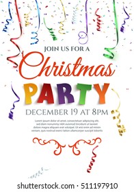 Christmas party poster with confetti and colorful ribbons isolated on white background. Invitation template. Vector illustration.