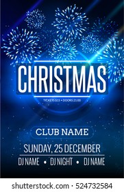 Christmas Party Poster Design With Fireworks Light. New Year Disco Flyer Template. Celebration Invitation Card Banner