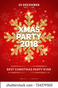 Christmas party poster design. Gold glitter snowflake with lights effects on red background. Eps10 vector.