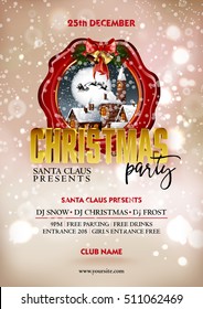 Christmas party poster design. Greeting messages and objects on blurred background. Snowy town scene Xmas vector template. Winter celebration holidays flyer or poster design.