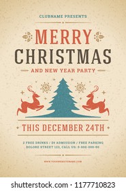 Christmas Party Poster Design Retro Typography And Decoration Elements. Christmas Holidays Event Flyer Or Invitation. Vector Illustration.