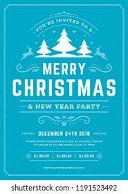 Christmas party poster design retro typography and decoration elements. Christmas holidays event flyer or invitation. Vector illustration.