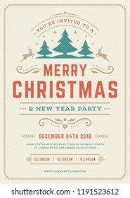 Christmas party poster design retro typography and decoration elements. Christmas holidays event flyer or invitation. Vector illustration.