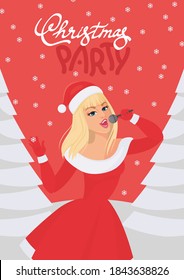 Diseño de afiches de fiestas navideñas con cantante santa girl. Ilustración vectorial, diseño de caracteres, postal, invitación
