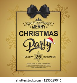 Christmas party poster design template typography, christmas tree, santa’s hat, frame, hanging stars and ribbons decoration for flyers, banner, web and card vector illustration