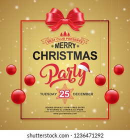 Christmas party poster design template typography, christmas tree, santa’s hat, frame, hanging stars, snow and ribbons decoration for flyers, banner, web and card vector illustration