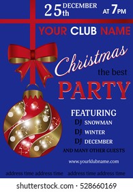 Christmas Party poster design template with red and gold ball with bow. Vector illustration