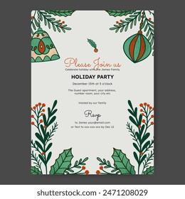 Christmas party poster with Christmas element and floral illustration.