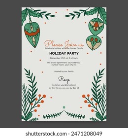 Christmas party poster with Christmas element and floral illustration.