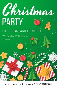 Afiche de la fiesta de Navidad con elemento de Navidad sobre fondo verde. Estilo de papel. Ilustración del vector