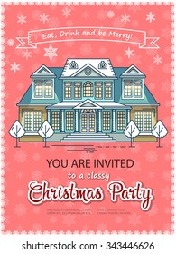 Christmas Party poster or flyer template. Flat line vector architecture illustration. Snowy house. Colorful Christmas typographic design. Cute holiday card. Printable Christmas Flyer. Web banner.