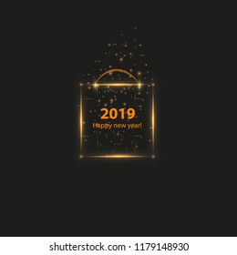 Christmas Party Poster with a glowing gold magical box. Happy 2018 New Year Flyer, Greeting Card, Invitation, Menu Design Template. Vector illustration. Boxes