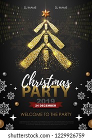 Christmas party poster with golden champagne glass. Golden Christmas tree