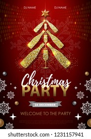 Christmas party poster with golden champagne glass. Golden Christmas tree on red background