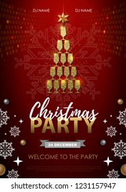 Christmas party poster with golden champagne glass. Golden Christmas tree on red background
