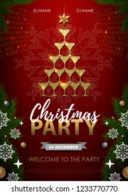 Christmas party poster with golden champagne glass. Golden Christmas tree on red background