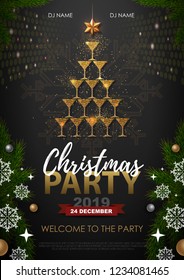 Christmas party poster with golden champagne glass. Golden Christmas tree