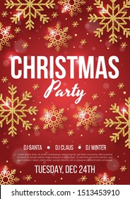 Christmas party poster with golden snowflake on red background. Vector illustration 