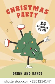 Christmas party poster with groovy hippie Christmas tree standing on his hand. Template for party invitation, poster, banner, greeting card. Vector illustration