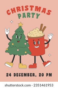 Christmas party poster with groovy hippie Christmas tree and red cup. Template for party invitation, poster, banner, greeting card. Vector illustration