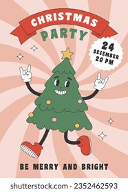 Christmas party poster with groovy hippie Christmas tree. Template for party invitation, poster, banner, greeting card. Vector illustration