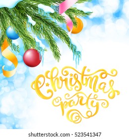 Christmas party poster with hand-drawn lettering, vector illustration