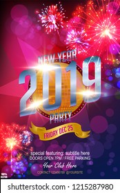 Christmas Party Poster. Happy 2019 New Year Flyer. Happy 2019 New Year Flyer, Greeting Card, Invitation, Menu Design Template In Colorful Fireworks Theme with banner and bokeh. Vector EPS 10.