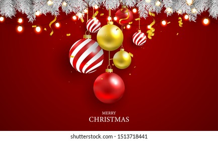 Christmas Party Poster and Happy New Year red background with garland lights and ornaments.