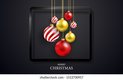 Christmas Party Poster and Happy New Year black background with black frame and Christmas ornaments.