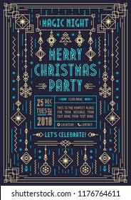 Christmas party poster with holiday toys geometric art deco line style on black background for flyer, greeting card, invitation. Vector Illustration 10 eps