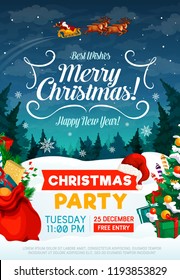 Christmas party poster or invitation card. Happy New Year and Xmas greeting design with Santa in sleigh with gifts bag and trees in snow on background