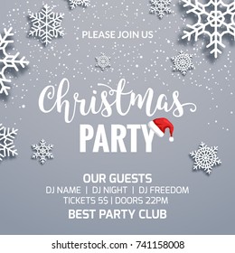 Christmas Party Poster Invitation Decoration Design. Xmas Holiday Template Background With Snowflakes