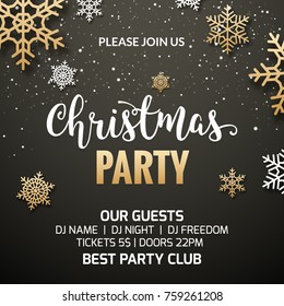 Christmas party poster invitation decoration design. Xmas holiday template background with snowflakes