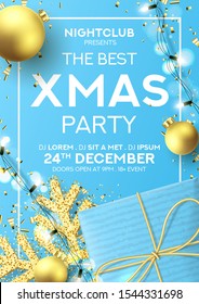 Christmas party poster invitation. Holiday background with realistic blue gift box, gold snowflake and sparkling light garlands. Vector illustration with Christmas baubles. Invitation to nightclub.