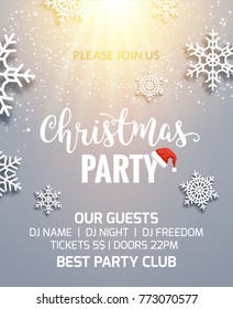 Christmas party poster invitation with light decoration design. Xmas holiday template background with snowflakes.