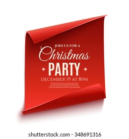 Christmas party poster, isolated on white background. Red, curved, paper banner. Vector illustration.