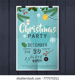 Christmas party poster lettering on wood texture background.