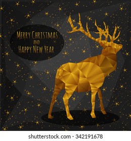 Christmas party poster. Polygonal reindeer. The congratulatory text. New year greeting card. Vector.