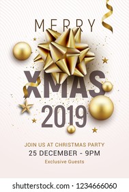 Christmas party poster template 2019. Christmas gold silver balls and golden bow flyer greeting decoration invitation banner.