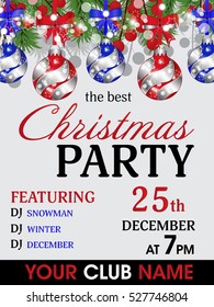 Christmas party poster template background with fir branches and red berry, red and blue balls with bow. Vector illustration