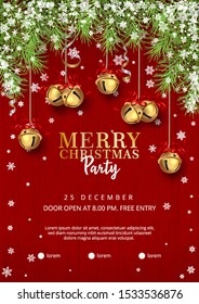 Christmas party poster template with with a border of spruce branches, hanging jingle bells and holiday decoration on wooden background