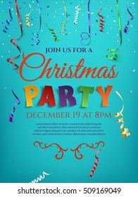 Christmas party poster template with confetti and colorful ribbons isolated on blue background. Vector illustration.