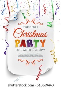 Christmas party poster template with confetti and colorful ribbons isolated on white background. Vector illustration.