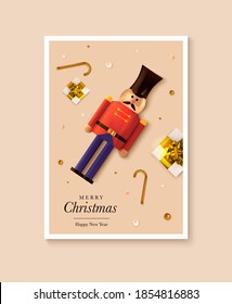 Christmas party poster template design. Xmas flyer in abstract realistic 3d style. Winter holiday event entrance ticket layout. Vector illustration.
